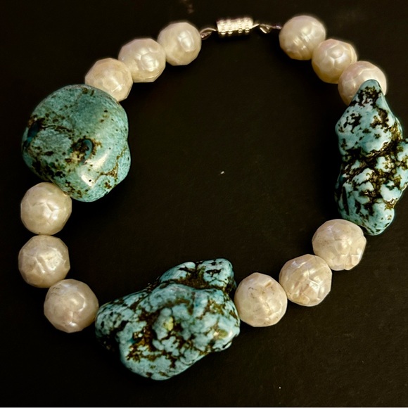 Natural Turquoise Nuggets and milky quartz beads makes this Gemstone Bracelet - Picture 6 of 8